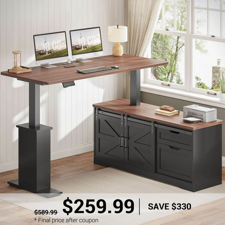 SEDETA | 55 Inch Height Electric Adjustable L Shaped Farmhouse Standing Desk with Storage Drawers and Power Outlets for Home Office