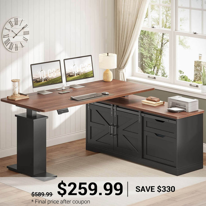 SEDETA | 55 Inch Height Electric Adjustable L Shaped Farmhouse Standing Desk with Storage Drawers and Power Outlets for Home Office