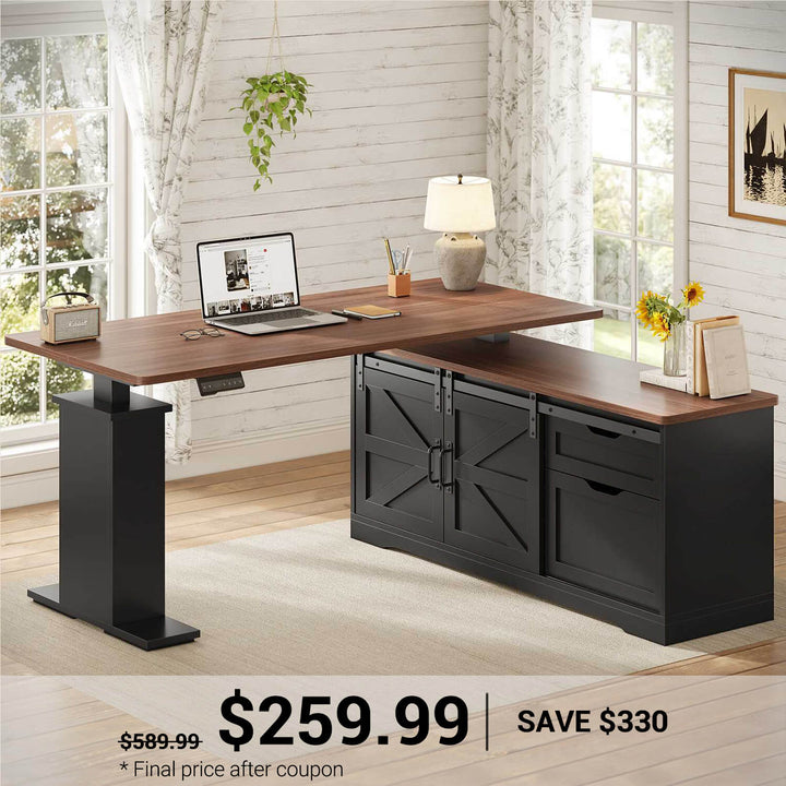 SEDETA | 55 Inch Height Electric Adjustable L Shaped Farmhouse Standing Desk with Storage Drawers and Power Outlets for Home Office