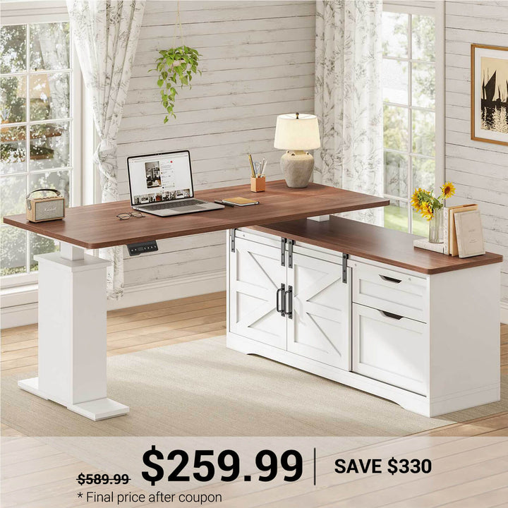 SEDETA | 55 Inch Height Electric Adjustable L Shaped Farmhouse Standing Desk with Storage Drawers and Power Outlets for Home Office