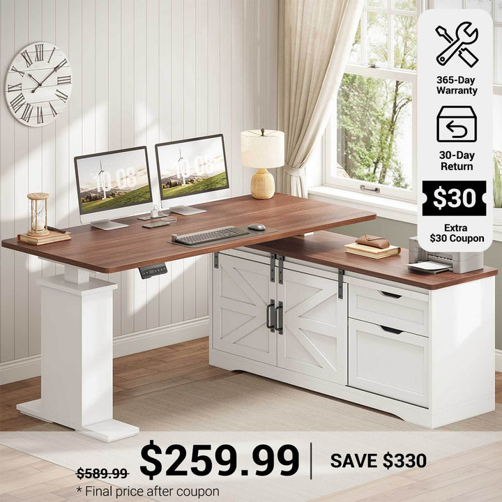 SEDETA® 55 Inch Height Adjustable Farmhouse L Shaped Electric Standing Computer Desk with Power Outlets Storage Drawers