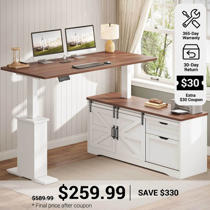 SEDETA® 55 Inch Height Adjustable Farmhouse L Shaped Electric Standing Computer Desk with Power Outlets Storage Drawers