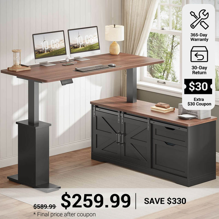 SEDETA® 55 Inch Height Adjustable Farmhouse L Shaped Electric Standing Computer Desk with Power Outlets Storage Drawers