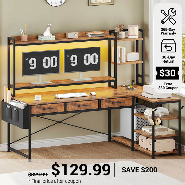 SEDETA® 55 Inch L Shaped LED Gaming Desk Reversible Computer Desk with Storage Drawers Hutch Power Outlets
