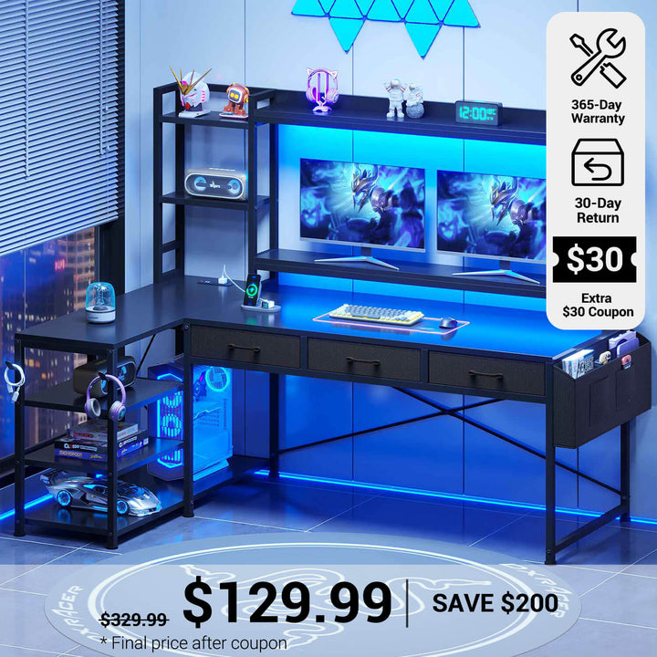 SEDETA® 55 Inch L Shaped LED Gaming Desk Reversible Computer Desk with Storage Drawers Hutch Power Outlets