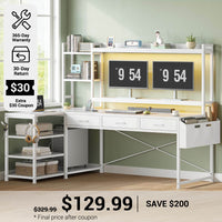 SEDETA® 55 Inch L Shaped LED Gaming Desk Reversible Computer Desk with Storage Drawers Hutch Power Outlets