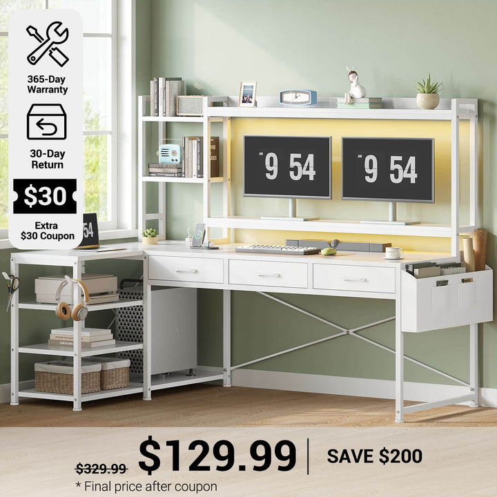 SEDETA® 55 Inch L Shaped LED Gaming Desk Reversible Computer Desk with Storage Drawers Hutch Power Outlets
