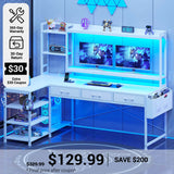 SEDETA® 55 Inch L Shaped LED Gaming Desk Reversible Computer Desk with Storage Drawers Hutch Power Outlets