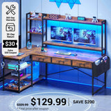 SEDETA® 55 Inch L Shaped LED Gaming Desk Reversible Computer Desk with Storage Drawers Hutch Power Outlets