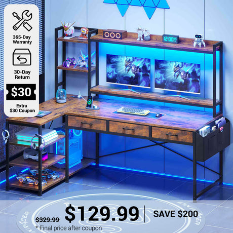 SEDETA® 55 Inch L Shaped LED Gaming Desk Reversible Computer Desk with Storage Drawers Hutch Power Outlets