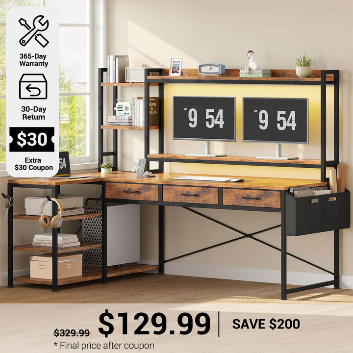 SEDETA® 55 Inch L Shaped LED Gaming Desk Reversible Computer Desk with Storage Drawers Hutch Power Outlets