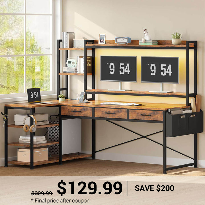 SEDETA | 55 Inch L Shaped Gaming Desk Reversible Corner Computer Desk with Drawers LED Lights and Power Outlets