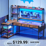 SEDETA | 55 Inch L Shaped Gaming Desk Reversible Corner Computer Desk with Drawers LED Lights and Power Outlets