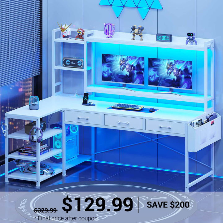 SEDETA | 55 Inch L Shaped Gaming Desk Reversible Corner Computer Desk with Drawers LED Lights and Power Outlets