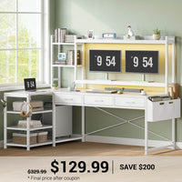 SEDETA® 55 Inch L Shaped LED Gaming Desk Reversible Computer Desk with Storage Drawers Hutch Power Outlets