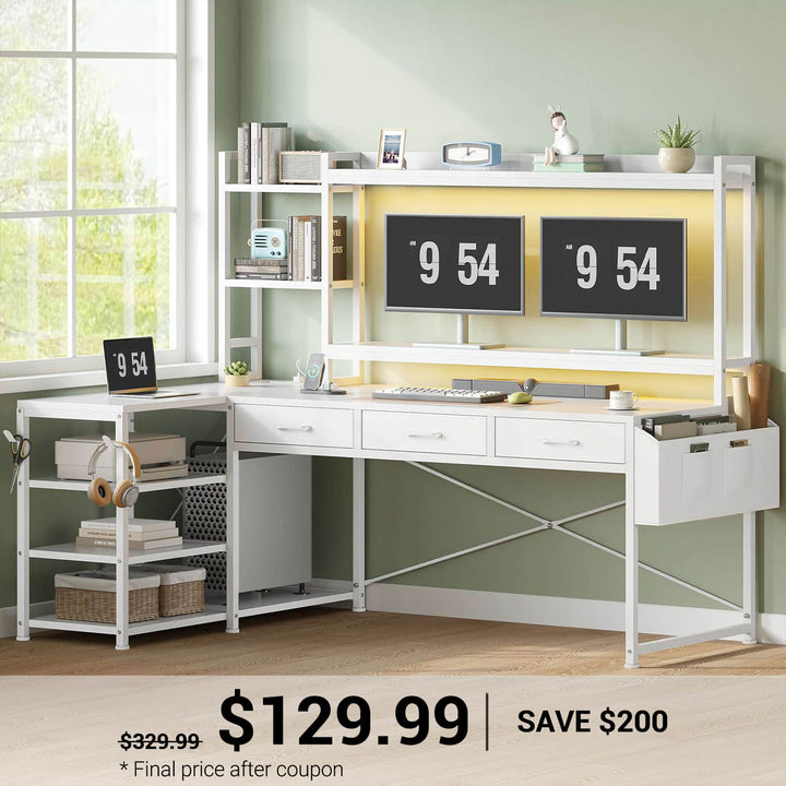 SEDETA | 55 Inch L Shaped Gaming Desk Reversible Corner Computer Desk with Drawers LED Lights and Power Outlets