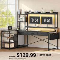 SEDETA® 55 Inch L Shaped LED Gaming Desk Reversible Computer Desk with Storage Drawers Hutch Power Outlets