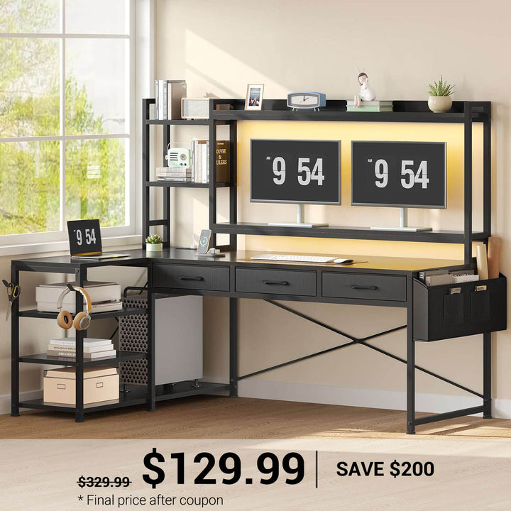 SEDETA | 55 Inch L Shaped Gaming Desk Reversible Corner Computer Desk with Drawers LED Lights and Power Outlets
