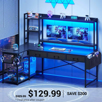 SEDETA® 55 Inch L Shaped LED Gaming Desk Reversible Computer Desk with Storage Drawers Hutch Power Outlets