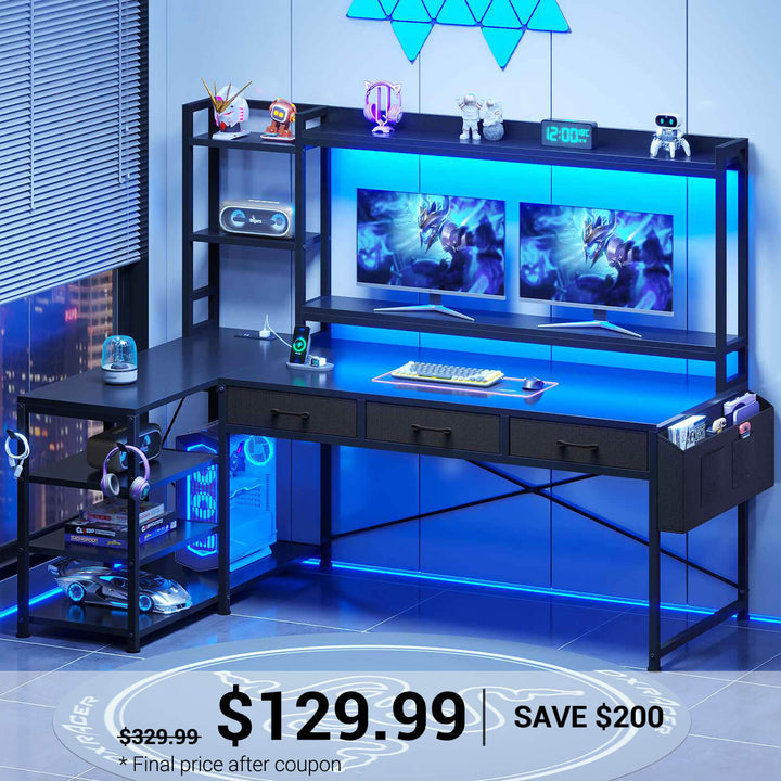 SEDETA | 55 Inch L Shaped Gaming Desk Reversible Corner Computer Desk with Drawers LED Lights and Power Outlets