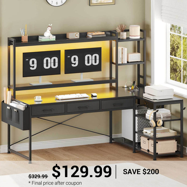 SEDETA | 55 Inch L Shaped Gaming Desk Reversible Corner Computer Desk with Drawers LED Lights and Power Outlets