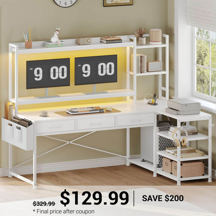 SEDETA | 55 Inch L Shaped Gaming Desk Reversible Corner Computer Desk with Drawers LED Lights and Power Outlets