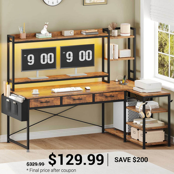 SEDETA | 55 Inch L Shaped Gaming Desk Reversible Corner Computer Desk with Drawers LED Lights and Power Outlets