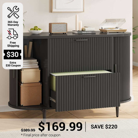 SEDETA 39.4 Inch File Cabinet for Home Office Modern Fluted Curved Cabinet with 2 Sliding Door Storage