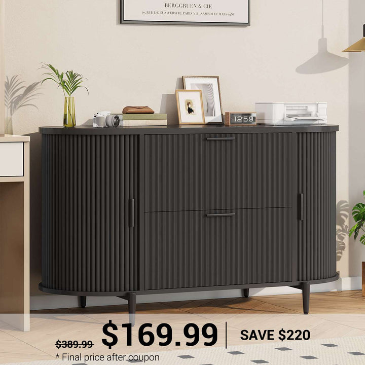 SEDETA 39.4 Inch File Cabinet for Home Office Modern Fluted Curved Cabinet with 2 Sliding Door Storage