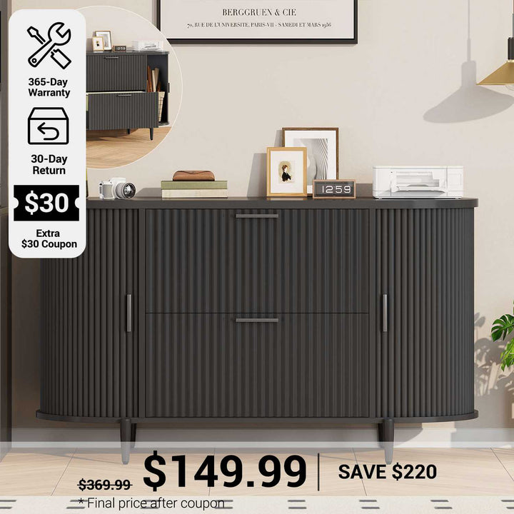 SEDETA® 39.4 Inch Home Office File Cabinet Curved Sliding Cabinet Modern Light Luxury Design Fluted Filing Cabinets and 2 Drawers