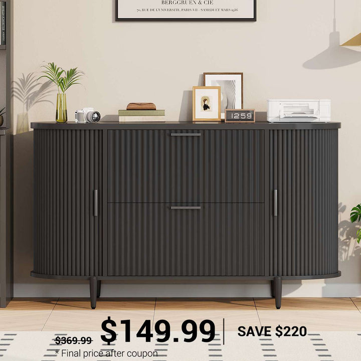 SEDETA® 39.4 Inch Home Office File Cabinet Curved Sliding Cabinet Modern Light Luxury Design Fluted Filing Cabinets and 2 Drawers
