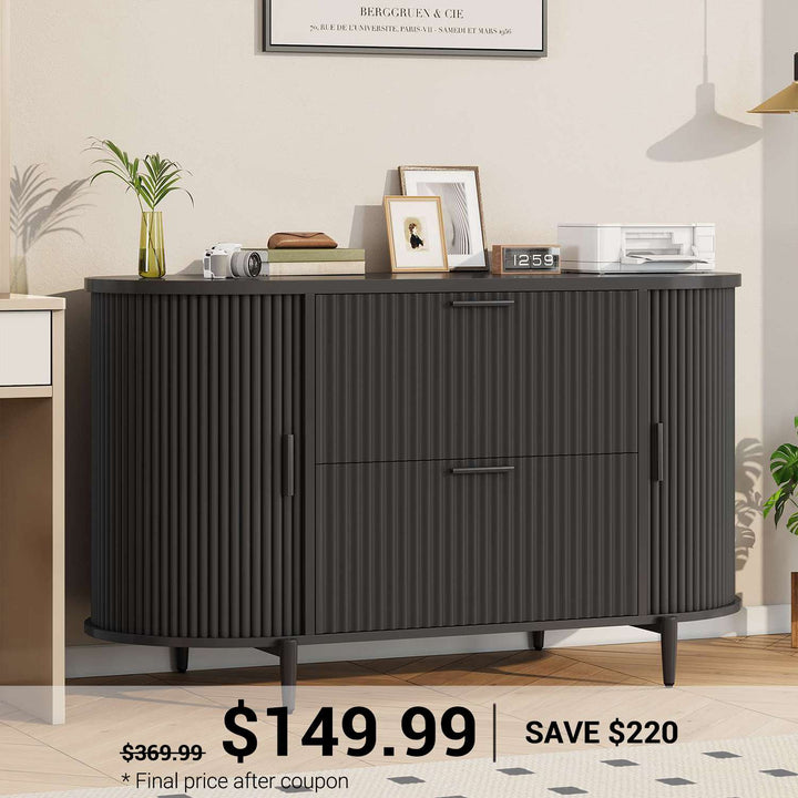 SEDETA® 39.4 Inch Home Office File Cabinet Curved Sliding Cabinet Modern Light Luxury Design Fluted Filing Cabinets and 2 Drawers