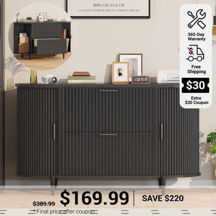 SEDETA 39.4 Inch File Cabinet for Home Office Modern Fluted Curved Cabinet with 2 Sliding Door Storage