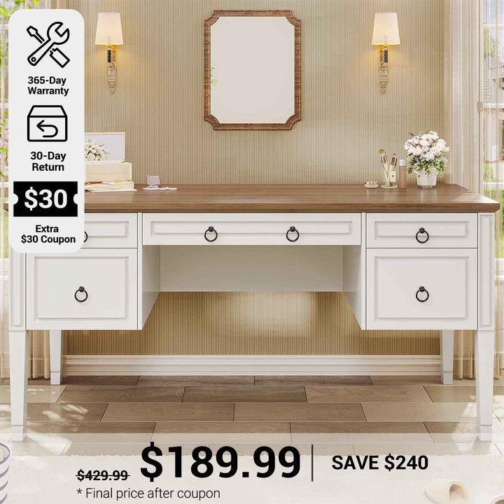 SEDETA® 59 Inch Farmhouse Executive Office Desk Wooden Computer Desk with 5 Storage Drawers for Home Office