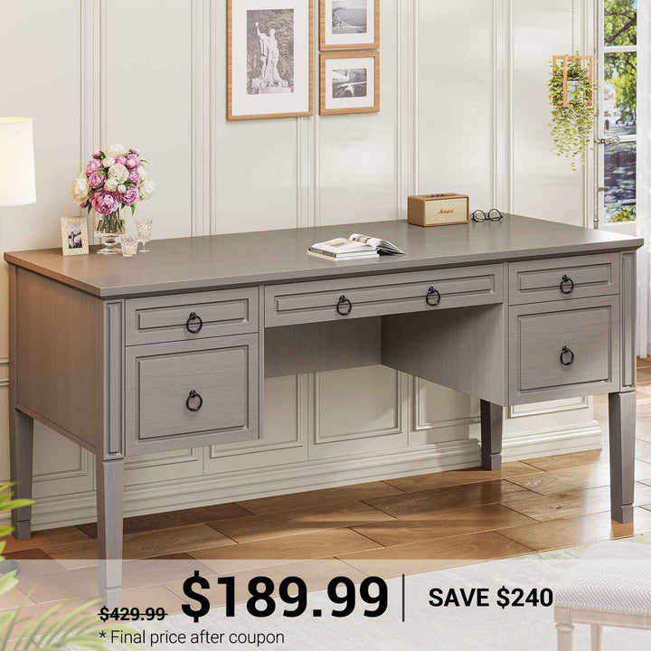 SEDETA | 59 Inch Executive Office Desk Farmhouse Wooden Computer Table Spacious Desktop with 5 Storage Drawers