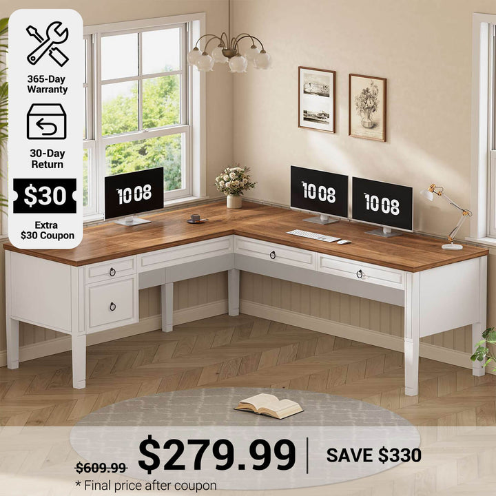 SEDETA® 63 Inch Executive L Shaped Desk Farmhouse Corner Computer Desk with Storage & File Drawers for Home Office