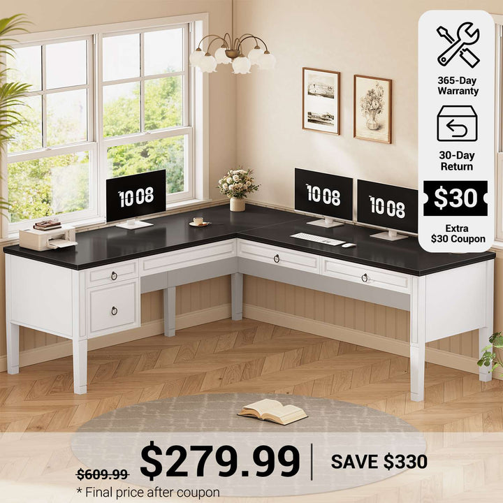 SEDETA® 63 Inch Executive L Shaped Desk Farmhouse Corner Computer Desk with Storage & File Drawers for Home Office