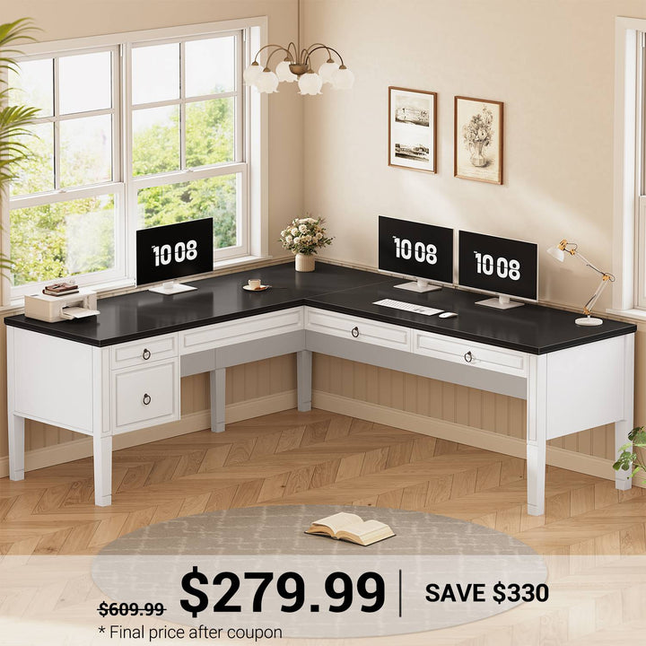 SEDETA® 63 Inch Executive L Shaped Desk Farmhouse Corner Computer Desk with Storage & File Drawers for Home Office