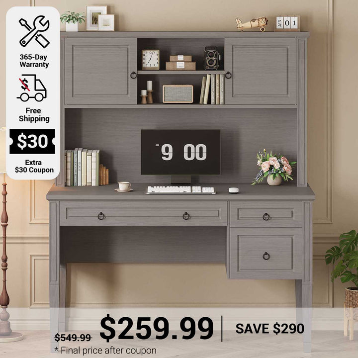 SEDETA 47.3 Inch Farmhouse Executive Desk Computer Desk with 3 Drawers Hutch Storage Cabinet Shelves