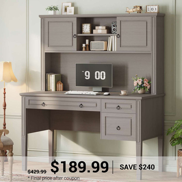 SEDETA® 47.3 Inch Farmhouse Computer Desk Executive Office Desk with Drawers Storage Cabinet and Open Storage Shelves