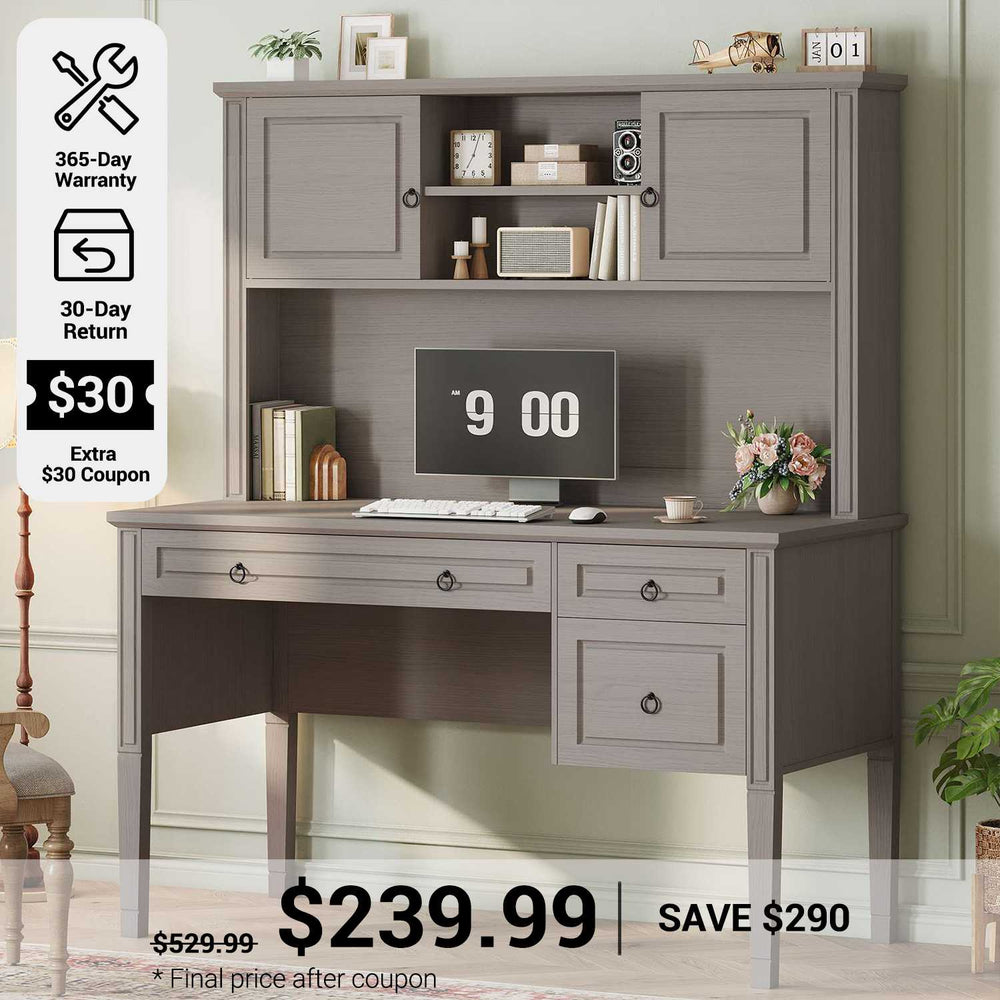 SEDETA® 47.3 Inch Farmhouse Computer Desk Executive Office Desk with Drawers Storage Cabinet and Open Storage Shelves