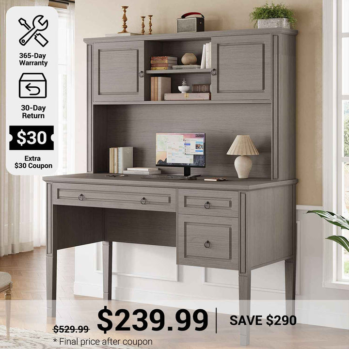 SEDETA® 47.3 Inch Farmhouse Computer Desk Executive Office Desk with Drawers Storage Cabinet and Open Storage Shelves