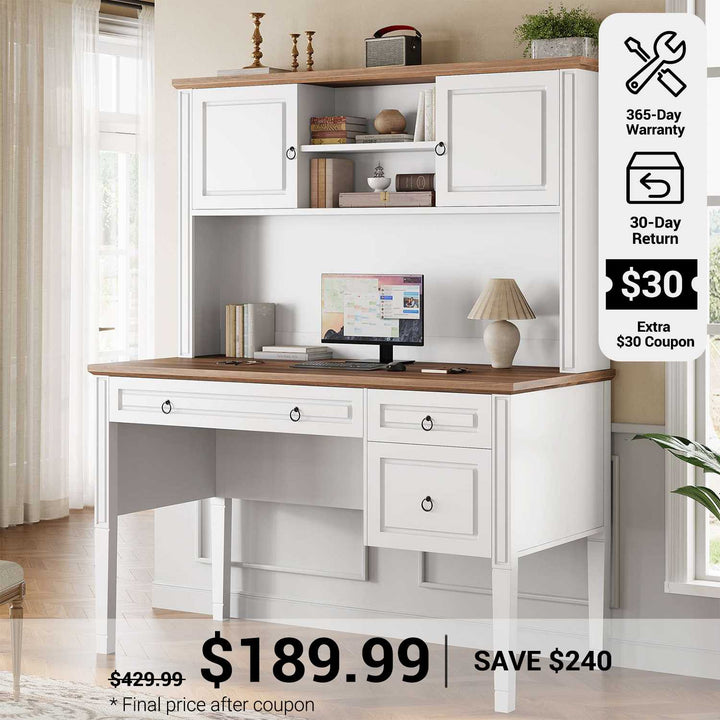SEDETA® 47.3 Inch Farmhouse Computer Desk Executive Office Desk with Drawers Storage Cabinet and Open Storage Shelves