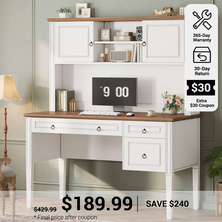 SEDETA® 47.3 Inch Farmhouse Computer Desk Executive Office Desk with Drawers Storage Cabinet and Open Storage Shelves