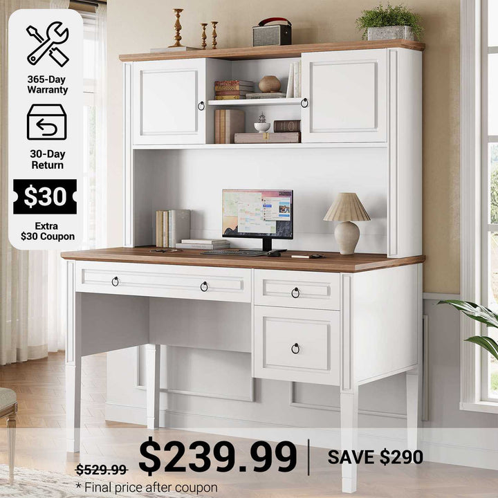 SEDETA® 47.3 Inch Farmhouse Computer Desk Executive Office Desk with Drawers Storage Cabinet and Open Storage Shelves