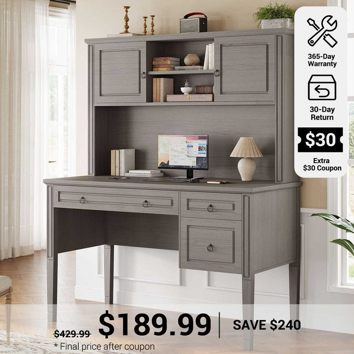 SEDETA® 47.3 Inch Farmhouse Computer Desk Executive Office Desk with Drawers Storage Cabinet and Open Storage Shelves