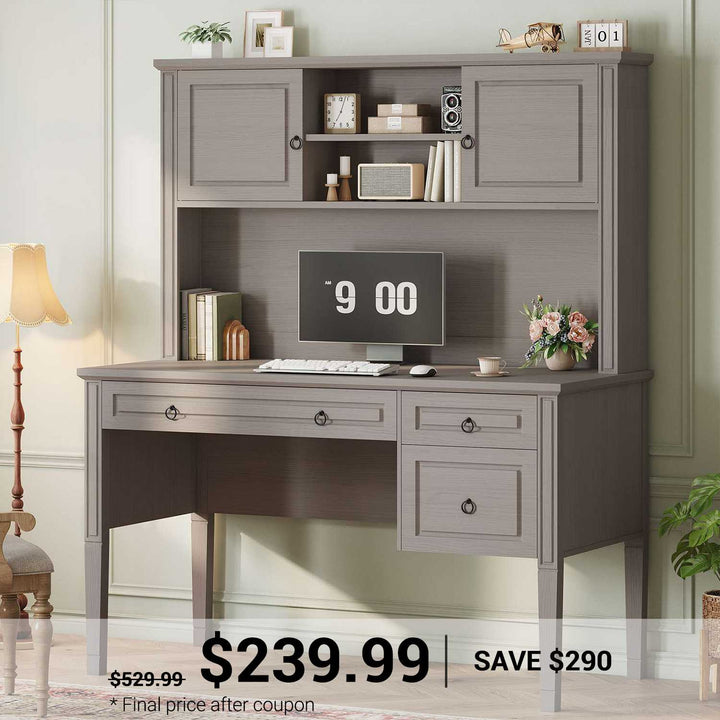 SEDETA® 47.3 Inch Farmhouse Computer Desk Executive Office Desk with Drawers Storage Cabinet and Open Storage Shelves