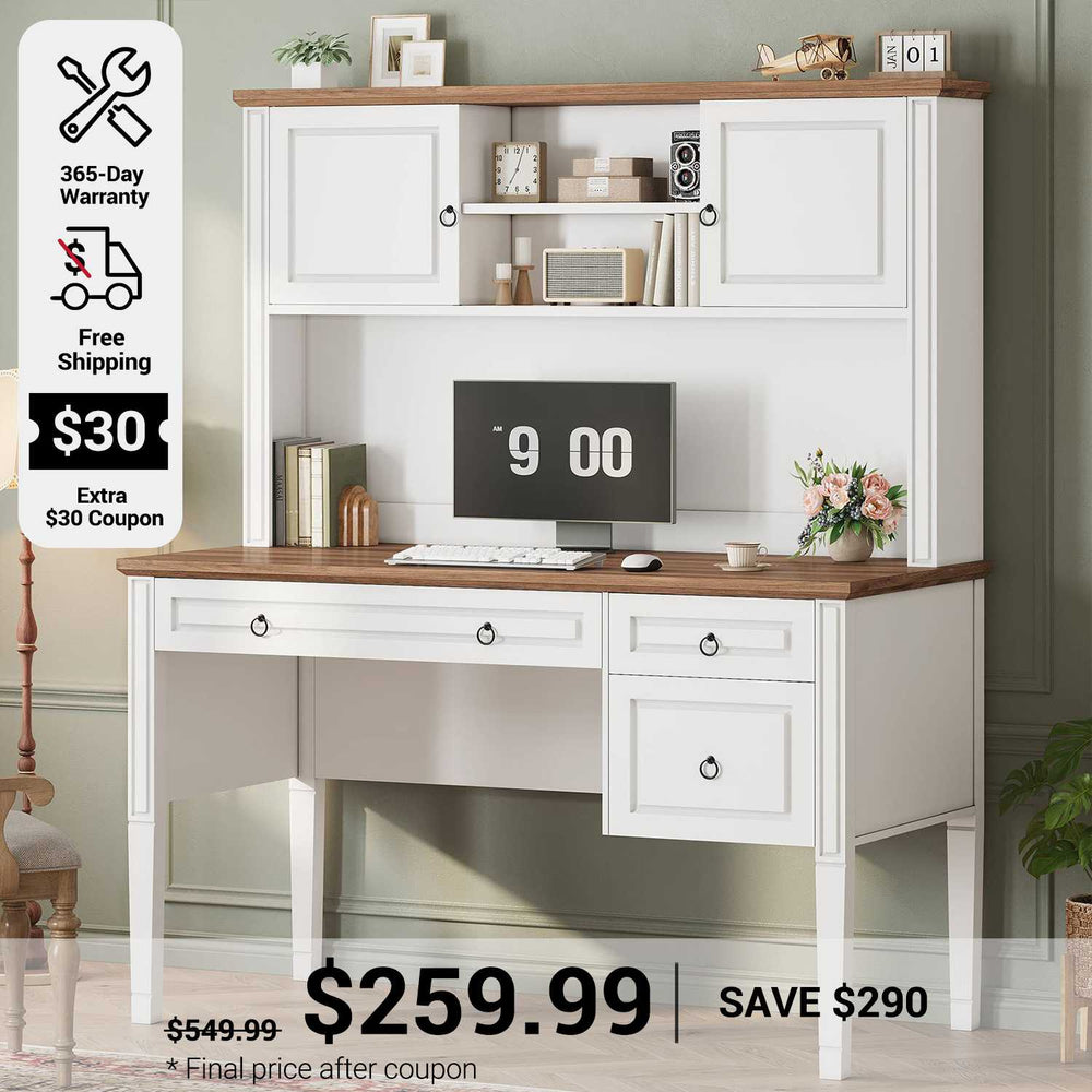 SEDETA 47.3 Inch Farmhouse Executive Desk Computer Desk with 3 Drawers Hutch Storage Cabinet Shelves