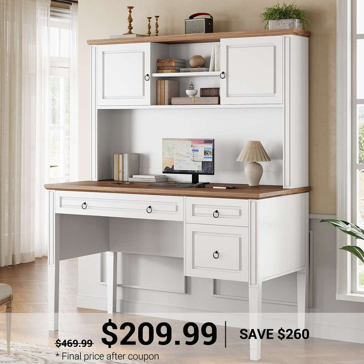 SEDETA 47.3 Inch Farmhouse Executive Desk Computer Desk with 3 Drawers Hutch Storage Cabinet Shelves