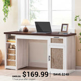 SEDETA | 55.1 Inch Farmhouse Wood Computer Desk Rattan Home Office Desk with Storage Cabinet and Power Outlets